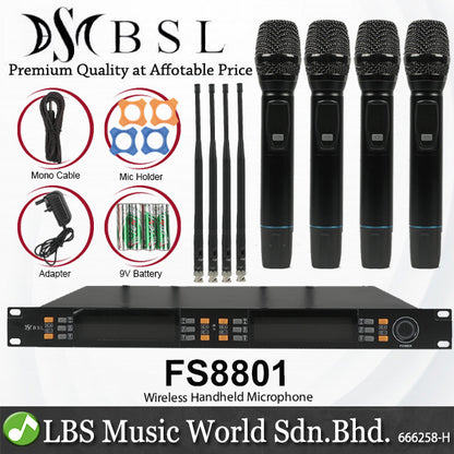BSL FS8801 4 Channel Handheld Wireless Microphone Systems with Adjustable Mic Frequency