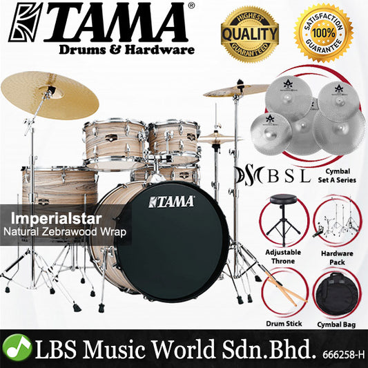 Tama Imperialstar IE52KH6W 5 Piece Drum Set with BSL A Series Cymbals Set - 22 inch Bass Drum (Imperial Star)