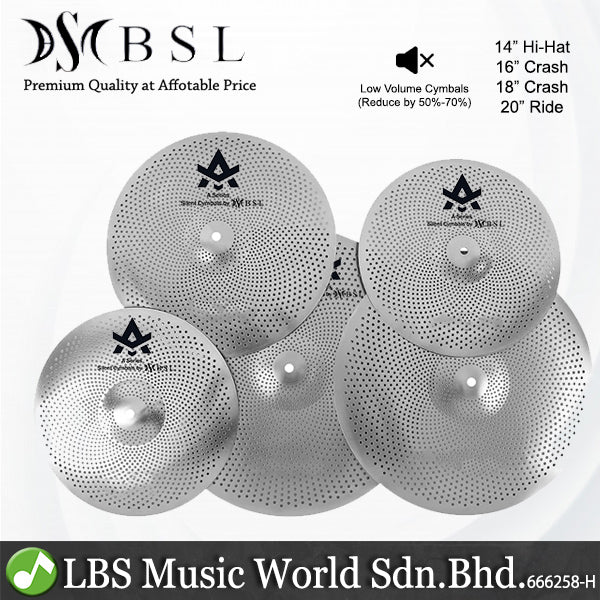 BSL 5 Piece A Series Silent Cymbals with 14" Hi-Hats 16" 18" Crash, and 20" Medium Ride Cymbal (Low Volume Quite Mute)