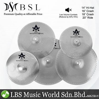 BSL 5 Piece A Series Silent Cymbals with 14" Hi-Hats 16" 18" Crash, and 20" Medium Ride Cymbal (Low Volume Quite Mute)
