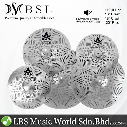 BSL 5 Piece A Series Silent Cymbals with 14" Hi-Hats 16" 18" Crash, and 20" Medium Ride Cymbal (Low Volume Quite Mute)