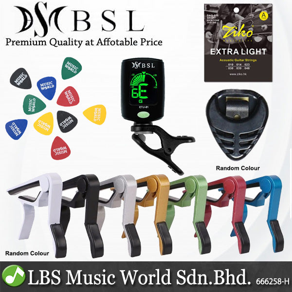 BSL Guitar Accessories Set with Ziko String, Capo, Tuner, Pick, Pick Holder, Strap and Guitar Stand