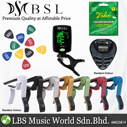 BSL Guitar Accessories Set with Ziko String, Capo, Tuner, Pick, Pick Holder, Strap and Guitar Stand