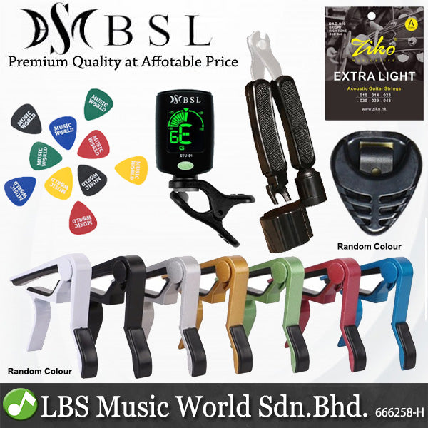 BSL Guitar Accessories Set with Ziko String, Capo, Tuner, Pick, Pick Holder, Strap and Guitar Stand