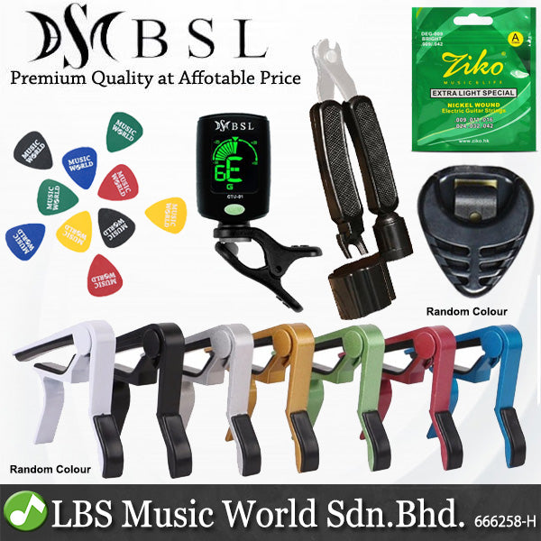 BSL Guitar Accessories Set with Ziko String, Capo, Tuner, Pick, Pick Holder, Strap and Guitar Stand