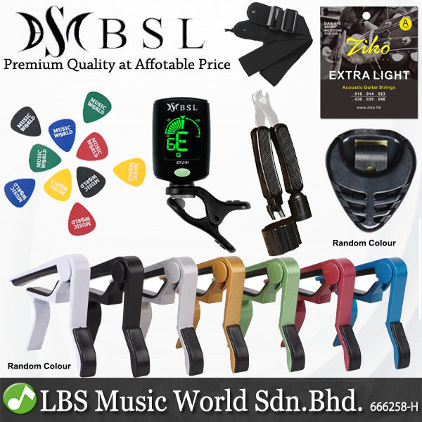 BSL Guitar Accessories Set with Ziko String, Capo, Tuner, Pick, Pick Holder, Strap and Guitar Stand