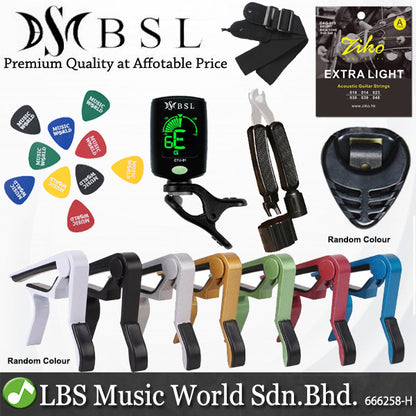 BSL Guitar Accessories Set with Ziko String, Capo, Tuner, Pick, Pick Holder, Strap and Guitar Stand