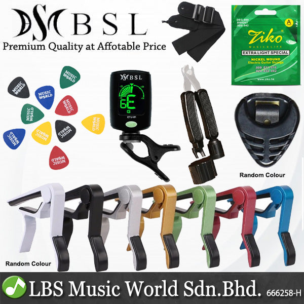 BSL Guitar Accessories Set with Ziko String, Capo, Tuner, Pick, Pick Holder, Strap and Guitar Stand