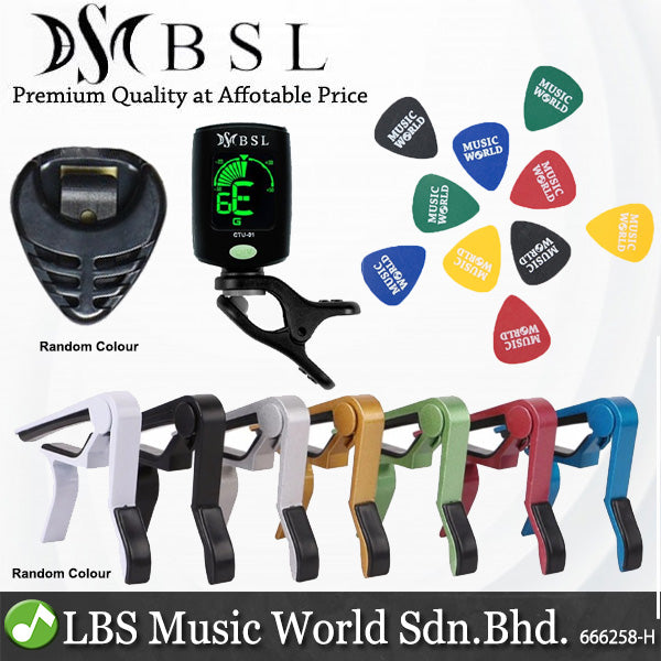BSL Guitar Accessories Set with Ziko String, Capo, Tuner, Pick, Pick Holder, Strap and Guitar Stand