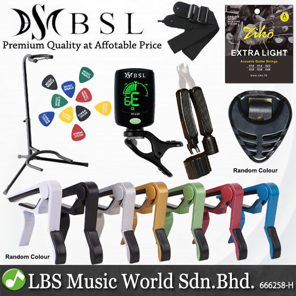 BSL Guitar Accessories Set with Ziko String, Capo, Tuner, Pick, Pick Holder, Strap and Guitar Stand