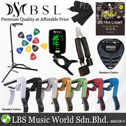 BSL Guitar Accessories Set with Ziko String, Capo, Tuner, Pick, Pick Holder, Strap and Guitar Stand