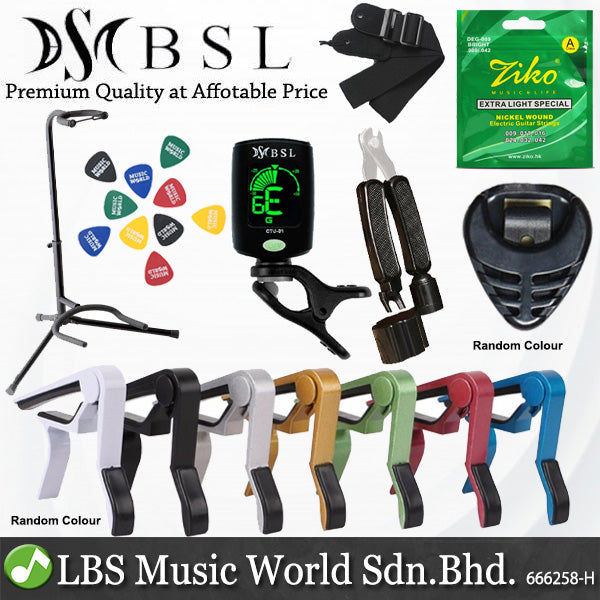 BSL Guitar Accessories Set with Ziko String, Capo, Tuner, Pick, Pick Holder, Strap and Guitar Stand