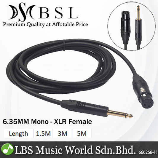 BSL 6.35mm Mono 1/4" TS GOLD Jack to XLR Female Audio Microphone Mic Cable - 1.5 / 3 / 5 Meter