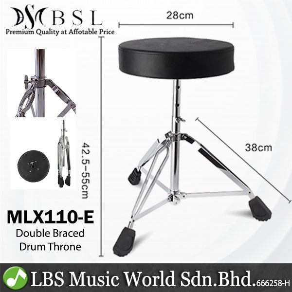 BSL MLX110-E Adjustable Double Brace Drum Throne for Drum Set Chair Seat with Chrome Hardware