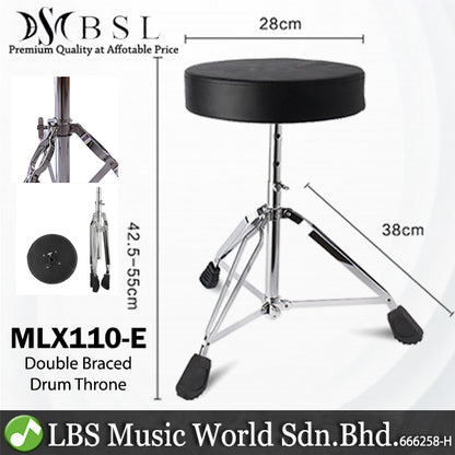 BSL MLX110-E Adjustable Double Brace Drum Throne for Drum Set Chair Seat with Chrome Hardware