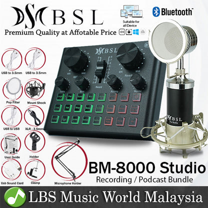 BSL BM-8000 Studio Mic with V8 Plus Bluetooth USB Sound Card for Live Recording Microphone Package (BM8000)