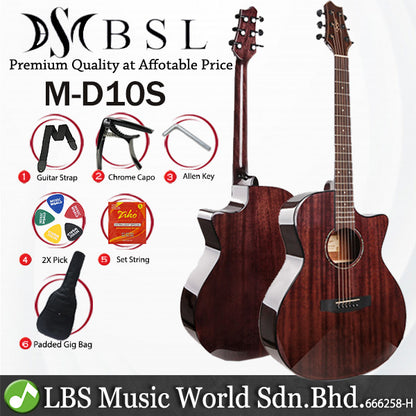 BSL M-D10S Cutaway Dreadnought Acoustic Solid Top Full Mahagony Wood Guitar Package