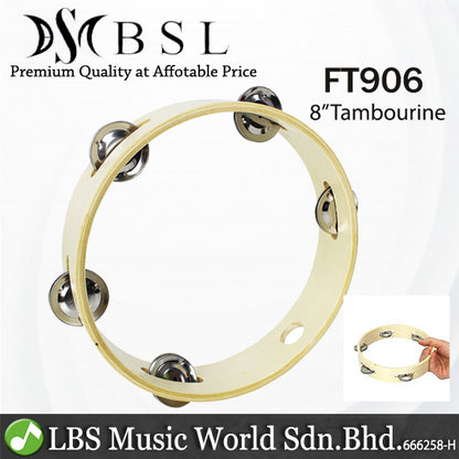 BSL 8 Inch Headless Tambourine with 5 Pair of Jingle and Handle (Wood)
