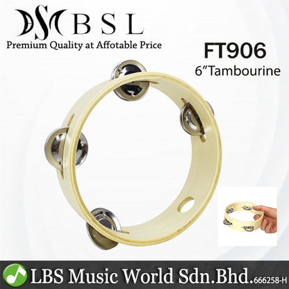 BSL 6 Inch Tambourine with Double Layer Jingle and Handle (Wood)