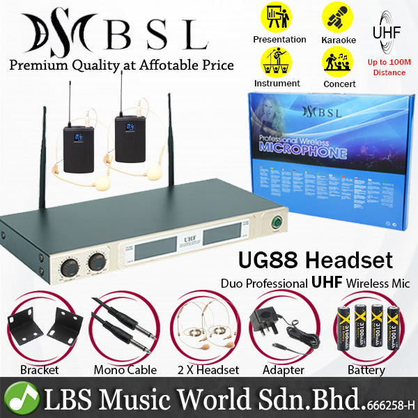 BSL UG88 Headset UHF 2 Wireless Lavalier Microphone System With Body Clip Cordless Head Set Mic (UG-88)