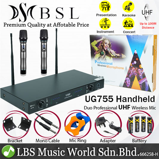 BSL UG755 Dual Handheld UHF Wireless Microphone System Set with 2 Hand Held Cordless Hand Held Mic (UG-755)