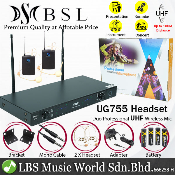 BSL UG755 Dual Lavalier UHF Wireless Microphone System Set with 2 Headset Mic for Head Wear (UG-755)