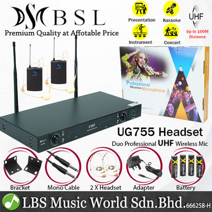 BSL UG755 Dual Lavalier UHF Wireless Microphone System Set with 2 Headset Mic for Head Wear (UG-755)