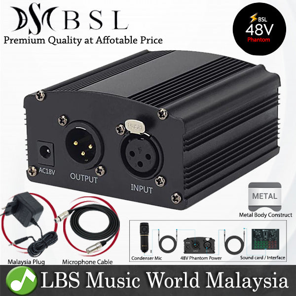 BSL 48V Phantom Power Supply with 220V EU Plug for Condenser Microphone and 1 Meter Mic Cable (48 Volt)