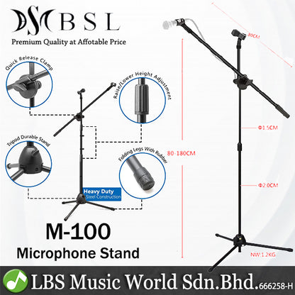 BSL M-100 Adjustable Microphone Tripod Stand with Mic Holder Floor Standing and PVB Shield (M100)