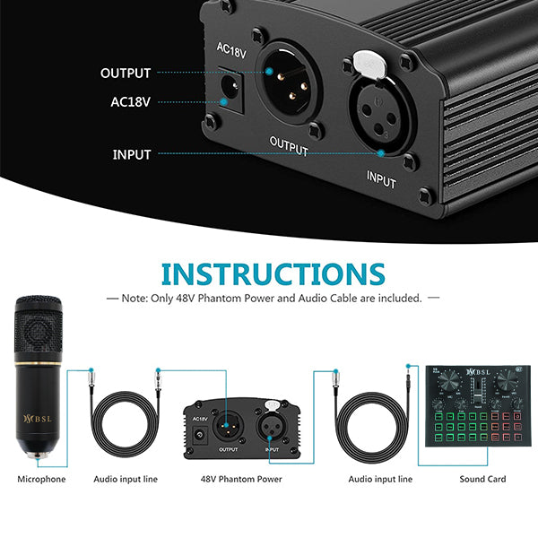 BSL 48V Phantom Power Supply with 220V EU Plug for Condenser Microphone and 1 Meter Mic Cable (48 Volt)