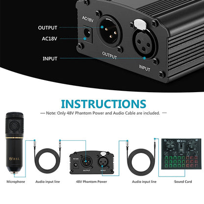 BSL 48V Phantom Power Supply with 220V EU Plug for Condenser Microphone and 1 Meter Mic Cable (48 Volt)
