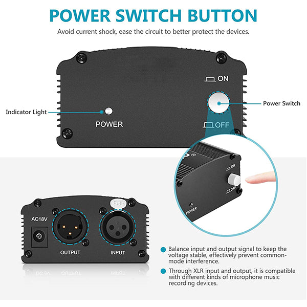 BSL 48V Phantom Power Supply with 220V EU Plug for Condenser Microphone and 1 Meter Mic Cable (48 Volt)