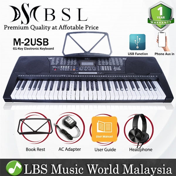 BSL M-2USB 61 Key Self Learning USB Electronic Music Piano Keyboard and Headphone (M2 M2USB)
