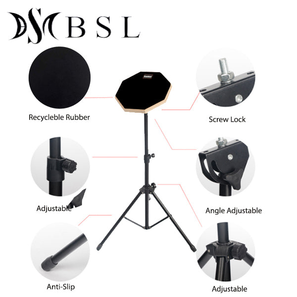 BSL 8 inch Drum Practice Pad with Adjustable Stand for Training and Lesson Silent Rubber Padding - Black