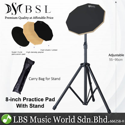 BSL 8 inch Drum Practice Pad with Adjustable Stand for Training and Lesson Silent Rubber Padding - Black