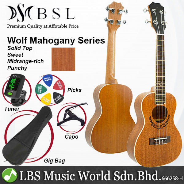 BSL Wolf Series 23 inch Solid Top Concert Ukulele Package Hawaii Guitar - Mahogany