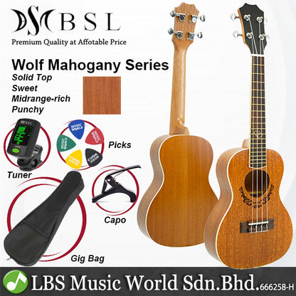 BSL Wolf Series 23 inch Solid Top Concert Ukulele Package Hawaii Guitar - Mahogany