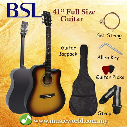 BSL 41 Inch Sunburst Acoustic Guitar Full Size Guitar Package With Bag Strap Pick String Allen Key
