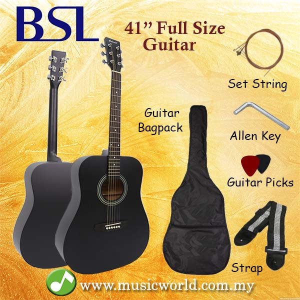 BSL 41 Inch Black Acoustic Guitar Full Size Guitar Package With Bag Strap Pick String Allen Key