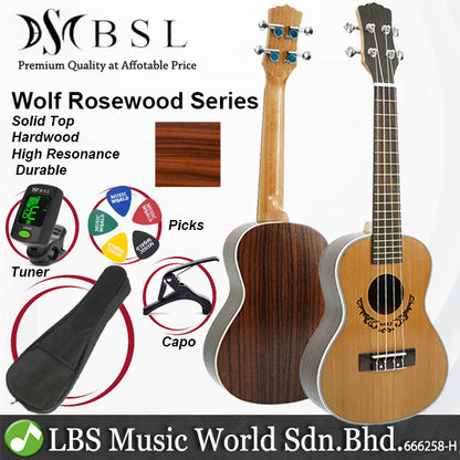 BSL Wolf Series 23 inch Solid Top Concert Ukulele Package Hawaii Guitar - Rosewood