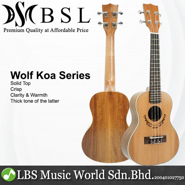 BSL Wolf Series 23 inch Solid Top Concert Ukulele Package Hawaii Guitar - Koa