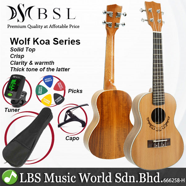 BSL Wolf Series 23 inch Solid Top Concert Ukulele Package Hawaii Guitar - Koa