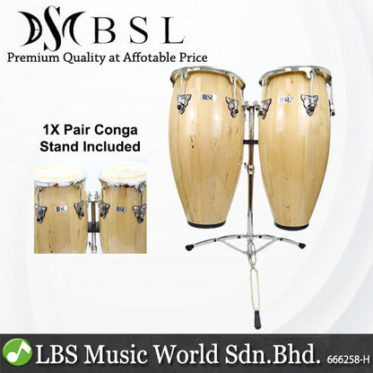 BSL Full Size Conga Natural Percussion Drum Pair Congas Set Adjustable Tunable With Double Stand
