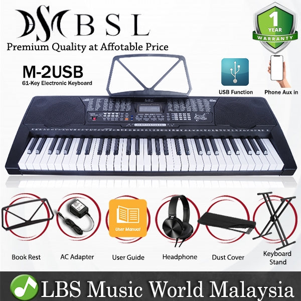 BSL M-2USB 61 Key Self Learning USB Electronic Music Piano Keyboard with Stand and Dust Cover (M2 M2USB)