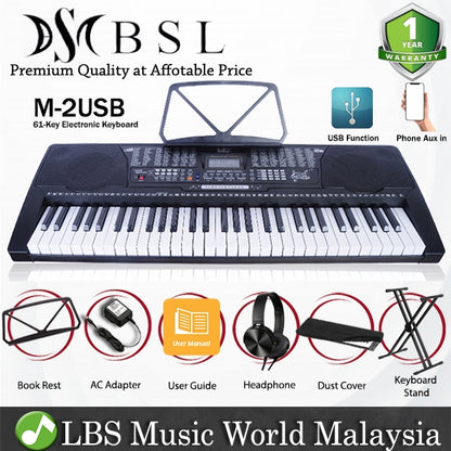 BSL M-2USB 61 Key Self Learning USB Electronic Music Piano Keyboard with Stand and Dust Cover (M2 M2USB)