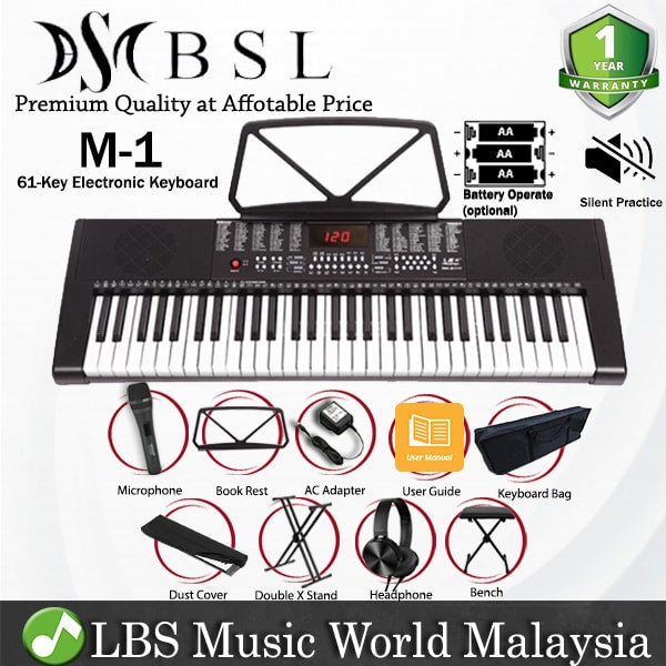 BSL M-1 61 Key Self Learning Portable Keyboard Organ Electronic Music Digital Piano Complete (M1)