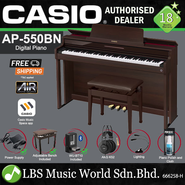 Casio AP-550 Celviano Digital Upright Piano with Bench - Black | White | Brown