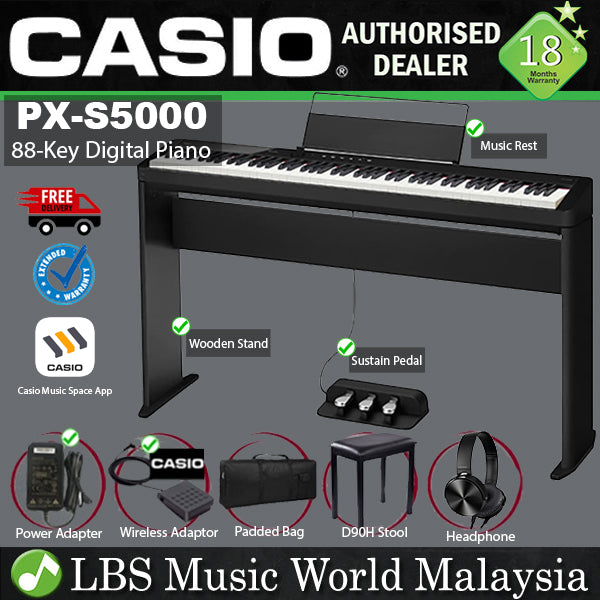 Casio PX-S5000 88 Key Digital Piano Keyboard Portable Package with Bluetooth (PXS5000 PX S5000)