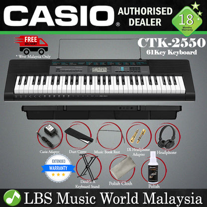Casio CTK-2550 61 Key Portable Keyboard Electric Music Piano Package with Stand and Headphone (CTK2550 CTK 2550)