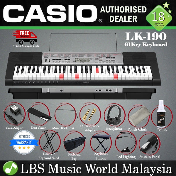 Casio LK-190 61 Key Lighting Portable Keyboard Electric Piano Full Package (LK190 LK 190)
